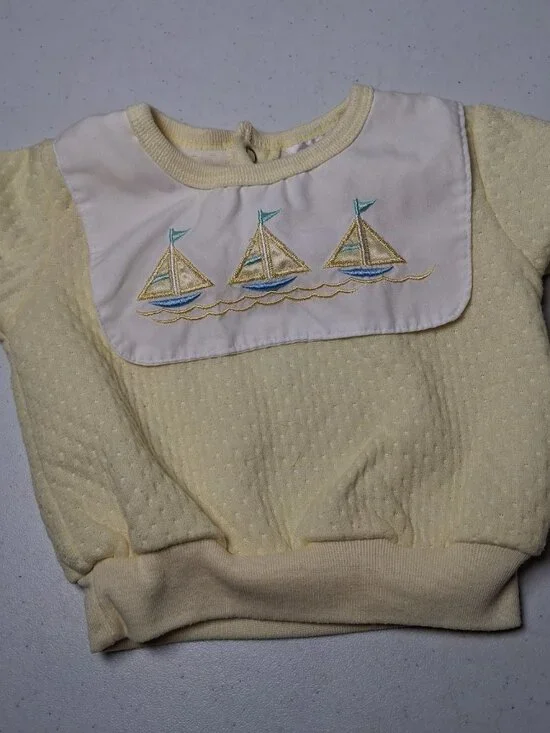 Vintage Baby Outfit Small Steps 6/9 Mos Yellow Sailboat Shirt Set Nautical 2 Pc - Picture 12 of 16